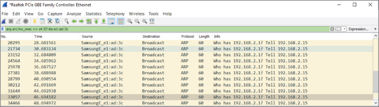 Snapshot of Filter results of ARP from a source address window.