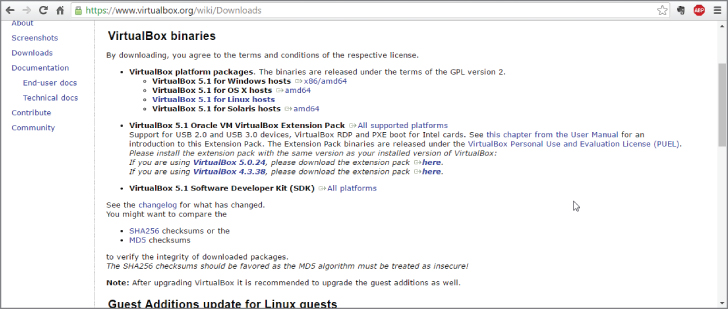 Snapshot showing VirtualBox SHA-256 checksums screen.
