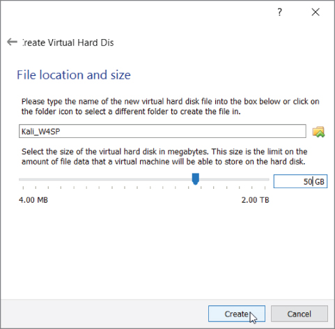 Screenshot of Virtual disk size window.