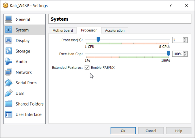 Enabling PAE window.