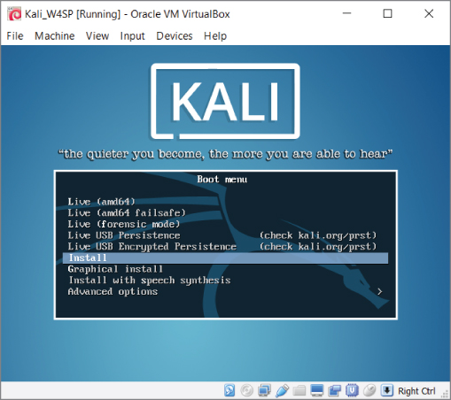 Kali boot menu screen.