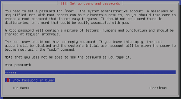 Entering a root password screen.