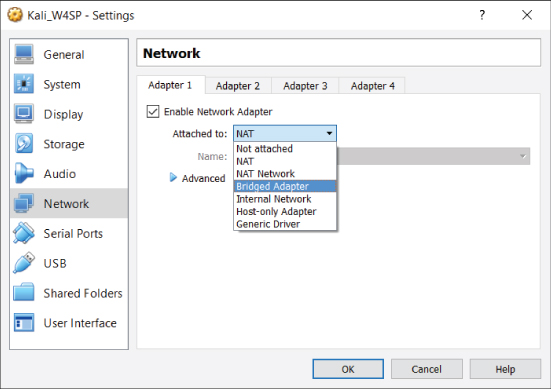 Snapshot of VirtualBox networking options window.