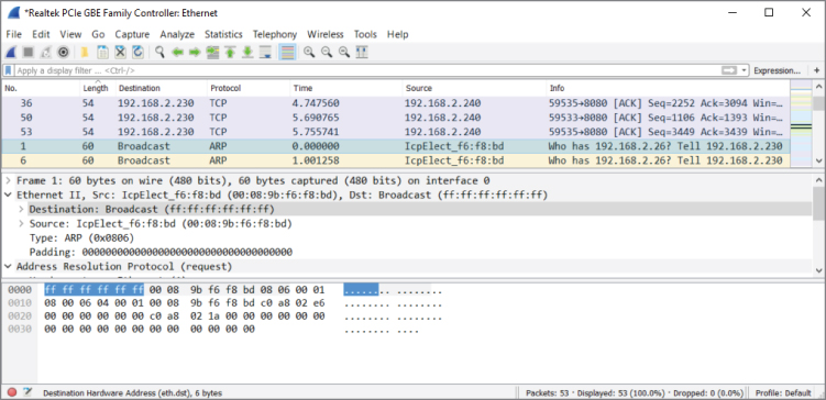 Snapshot of Small Incoming Layer 2 frame window.