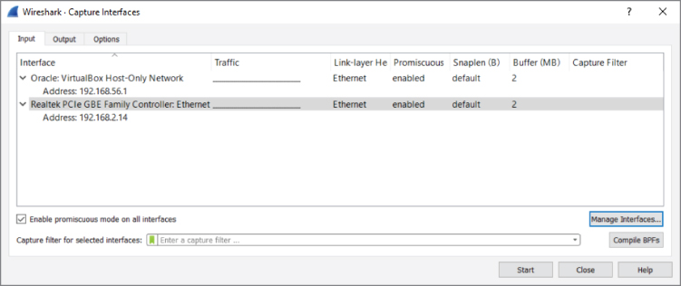 Snapshot showing Capture interfaces list screen.