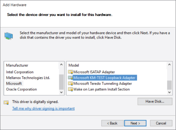 Snapshot showing Installing the loopback adapter on Windows screen.