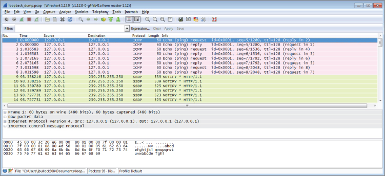 Snapshot showing RawCap pcap in Wireshark screen.