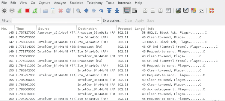 Screenshot of Raw wireless packets in Wireshark window.