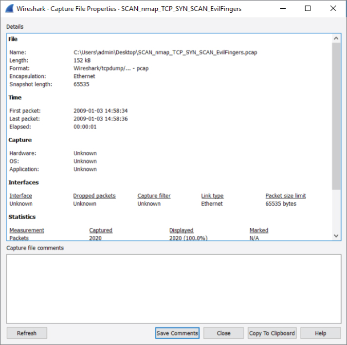Screenshot of Properties of a capture file window.