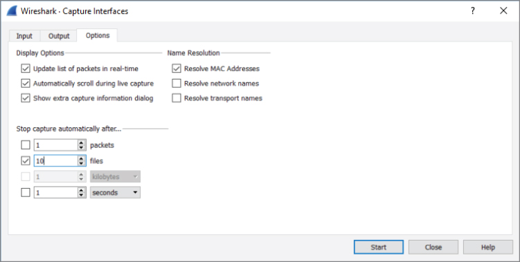 Screenshot of Stop capture options window.