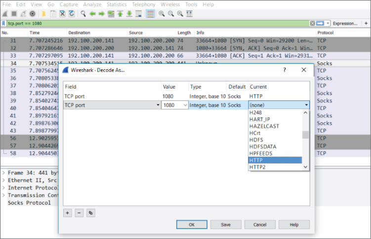 Screenshot of Wireshark’s Decode As window.