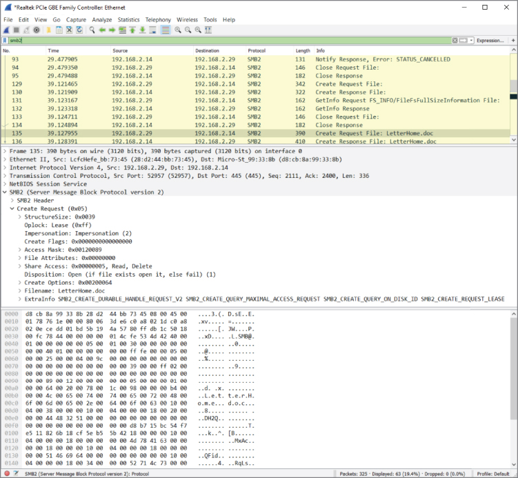 Packet list filtering for SMB screen.