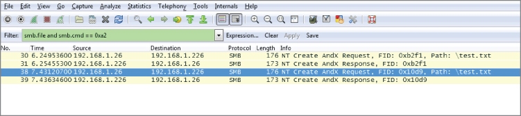 Packet list filtered for NT Create calls screen.