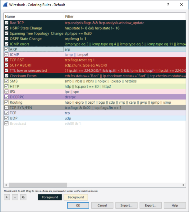 Adjusting packet colors window.