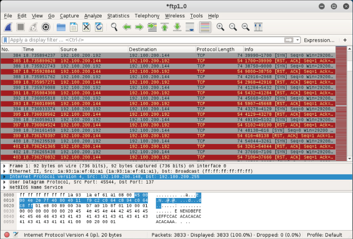 Snapshot showing Nmap port scan in Wireshark window.