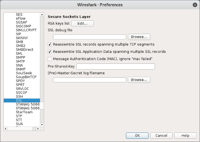 Wireshark SSL/TLS protocol options screen.