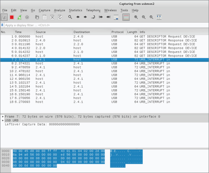Snapshot of Capturing on usbmon2 screen.