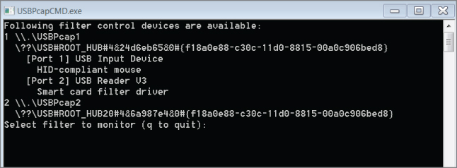 Snapshot of USBPcap device list screen.