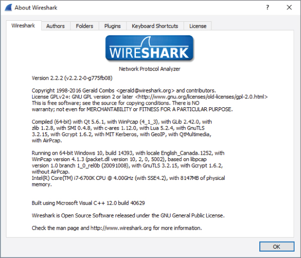 Snapshot showing Wireshark About page.