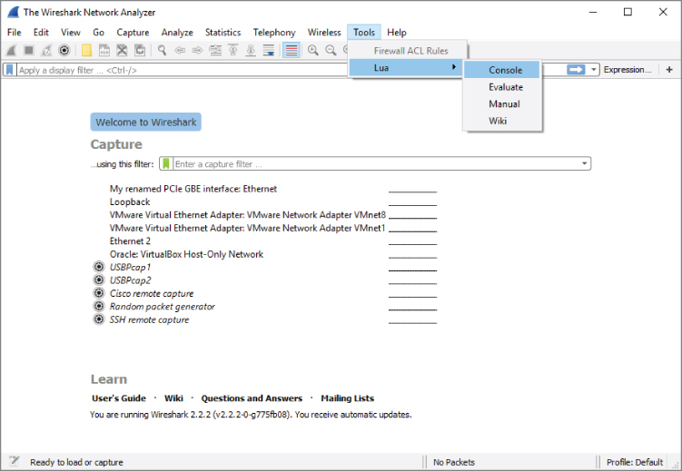 Snapshot showing Lua in Tools menu window.