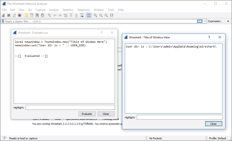 Wireshark Evaluate Lua screen.