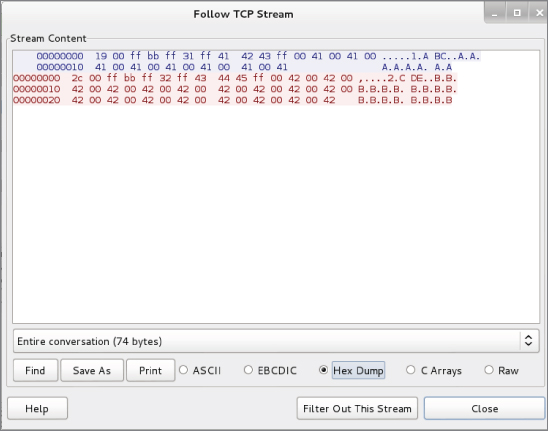 Protocol hexdump window.
