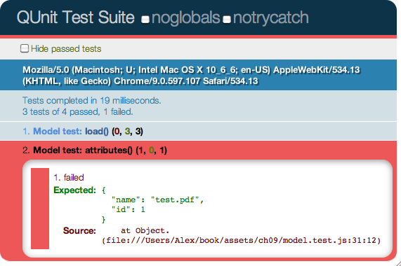Failing tests in QUnit