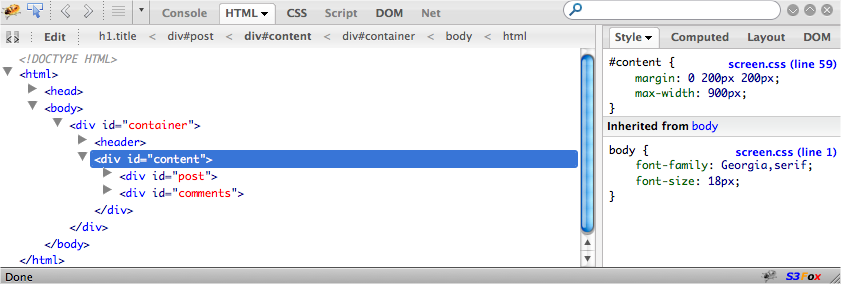 Inspecting the DOM and CSS with FireBug