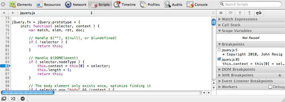Setting a breakpoint with Safari’s Web Inspector