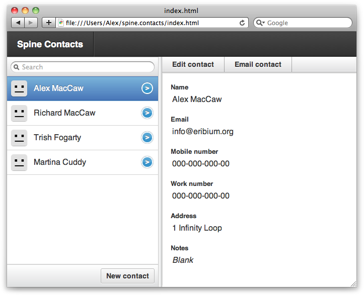 Listing contacts in a Spine application