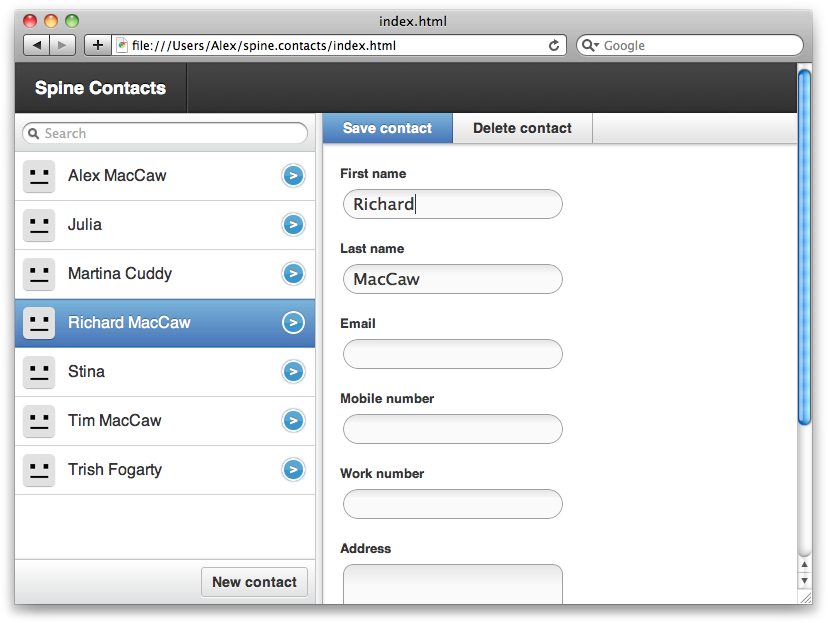 Editing contacts in the example Spine application