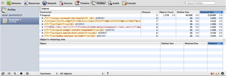 Heap memory used by RegExp objects