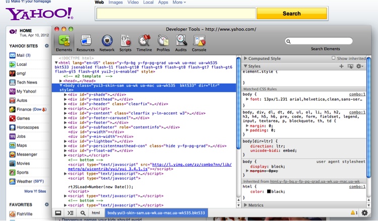 Chrome Developer Tools window while browsing Yahoo.com