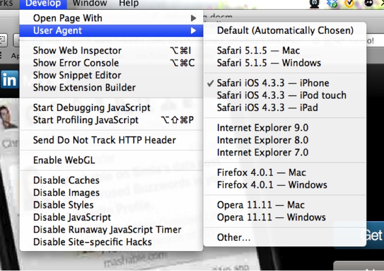 Changing the User Agent string in Safari