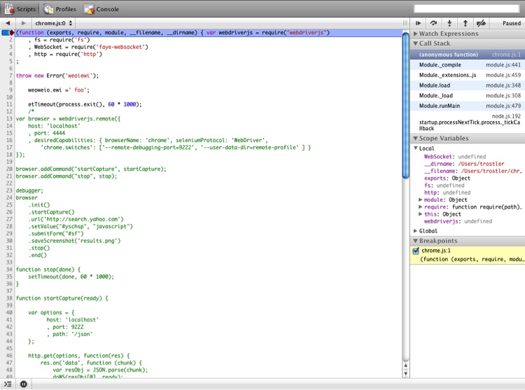 PhantomJS running the WebKit debugger