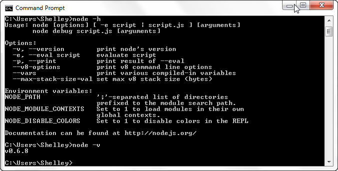 Testing in the Command window to ensure Node is properly installed