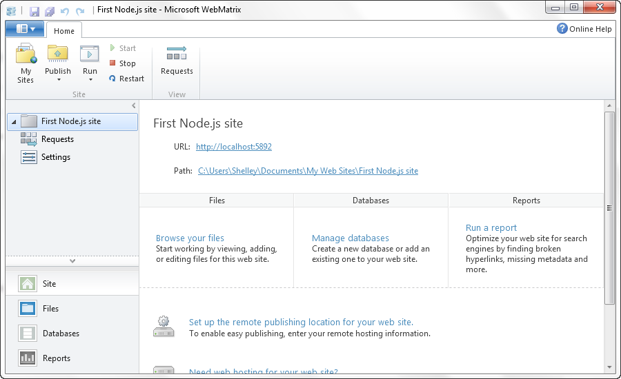 Newly generated Node site in WebMatrix