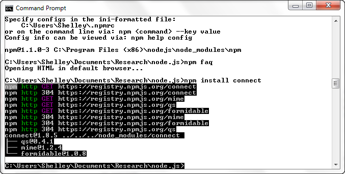 Installing Connect in Windows 7 using npm