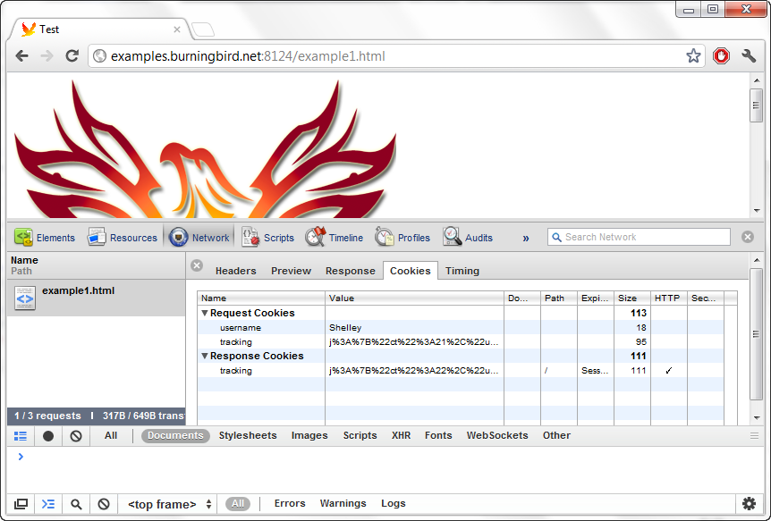 JavaScript console open in Chrome, displaying request and response cookies