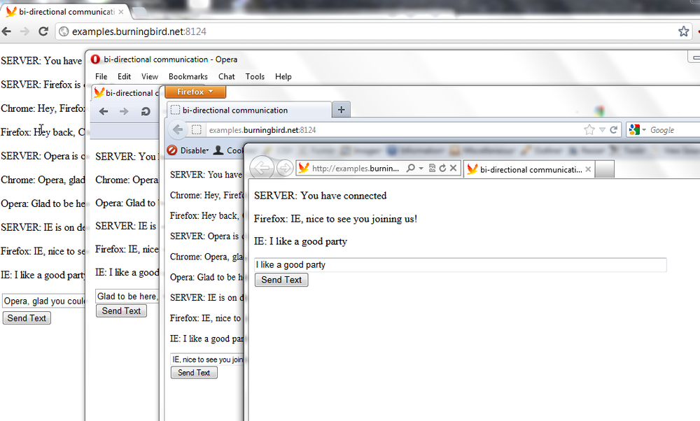 Trying out the chat application enabled by Socket.IO in several different browsers