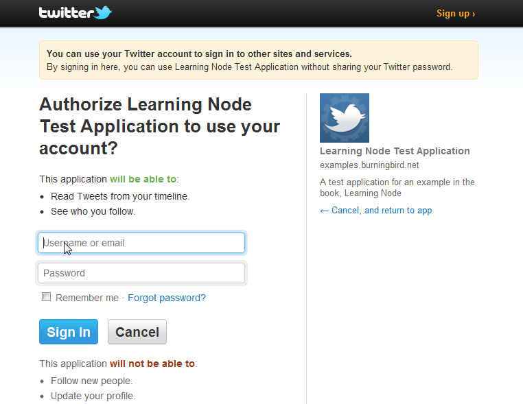 Twitter login and authorization page for the Node application