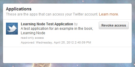 Twitter Apps Settings displaying the entry for our Node application