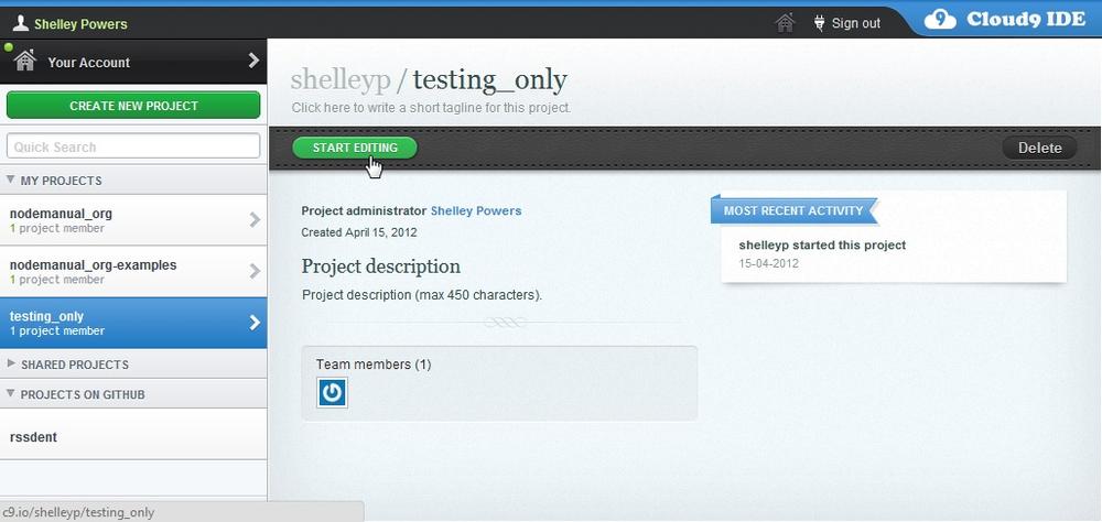 Cloud9 IDE project management page