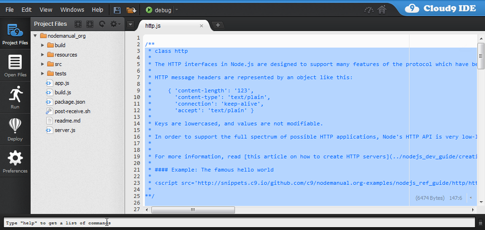 Cloud9 IDE project editing page