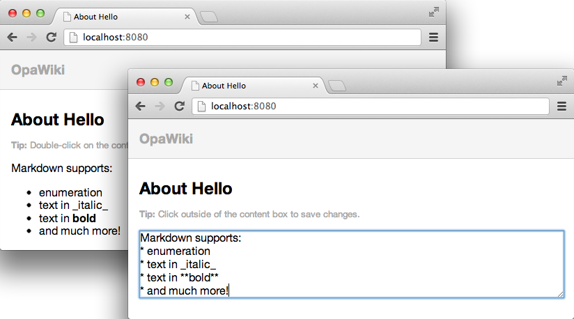 Our wiki application in display (left) and editing (right) modes
