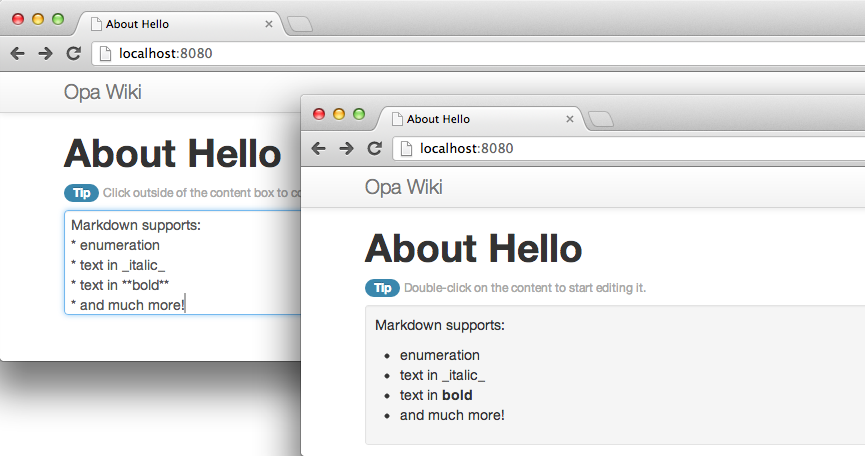 Our wiki application with Bootstrap styling in editing (left) and display (right) modes
