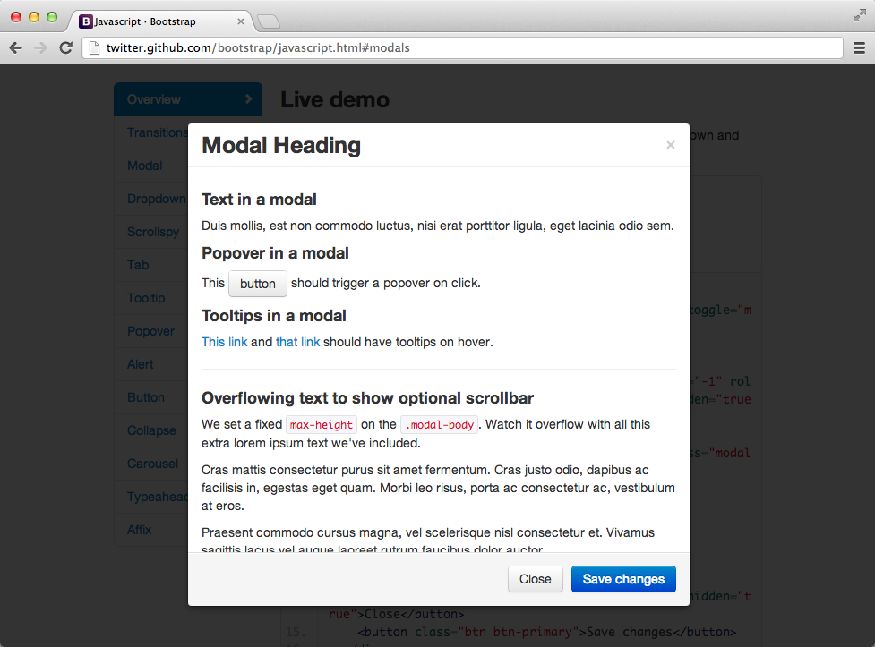 Modal window demo from the Bootstrap page