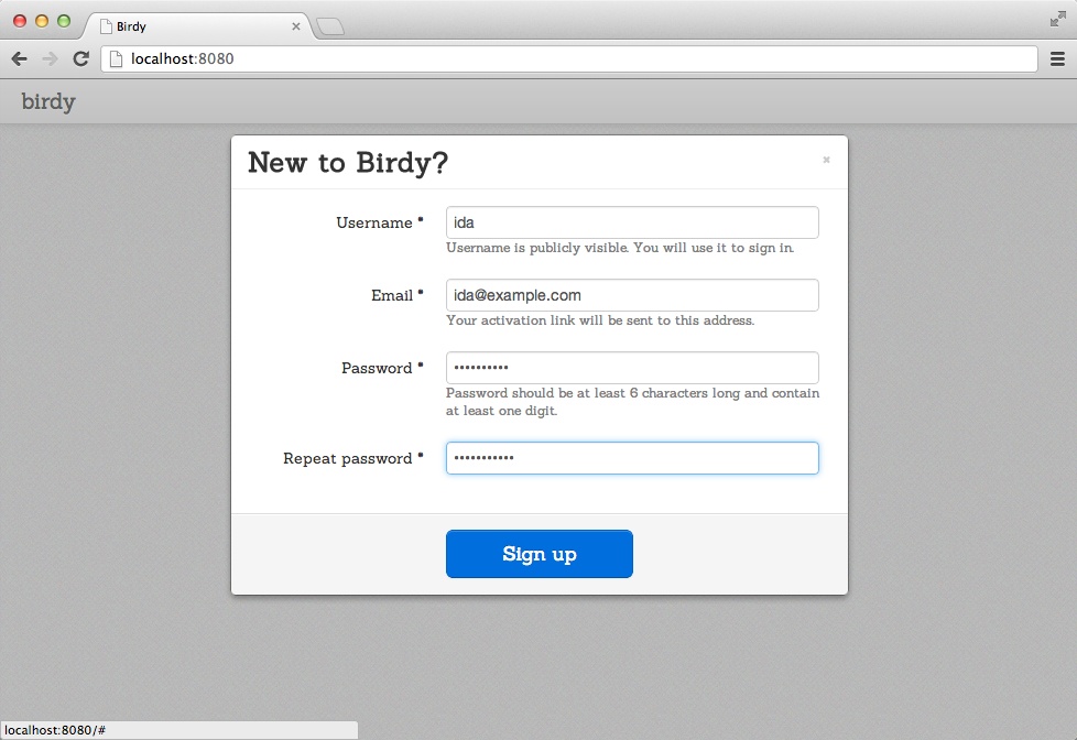 Birdy sign-up form