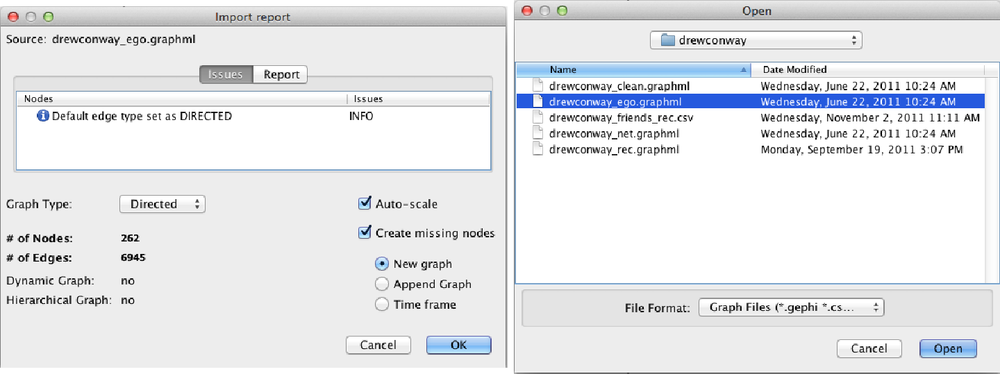 Loading network data into Gephi: A) open network file; B) data loaded into Gephi